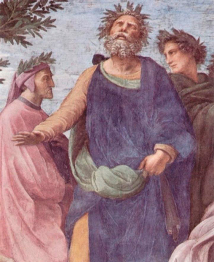 Il Parnaso por Raffaello Sanzio 1511 en la Stanza della Segnatura Museos Vaticanos. Detalle con Dante Homero y Virgilio