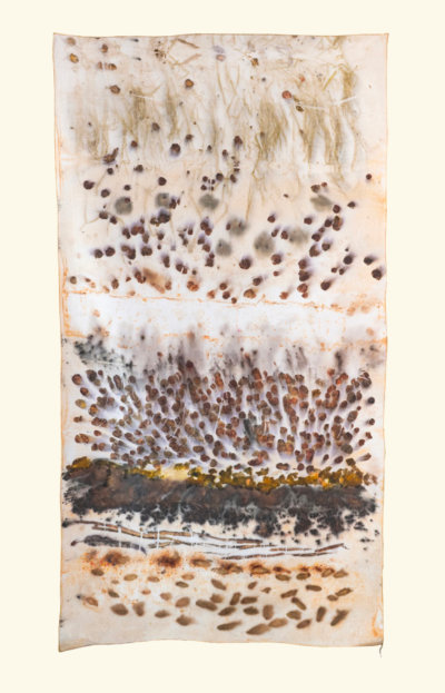 Agradecemos a Maite Izquierdo por las imágenes utilizadas en este artículo, que corresponden a su serie “Sudario Natural”, donde sedas y algodones fueron teñidos mediante la técnica del eco-print: las hojas dejaron su huella directa sobre el textil, transfiriendo sus pigmentos y formas. Cada pieza es una impresión orgánica, irrepetible y sostenible. Maite es licenciada en Artes Visuales por la Universidad Católica, con 25 años de trayectoria ha ido perfilando un lenguaje que vincula el textil contemporáneo con la experiencia existencial.